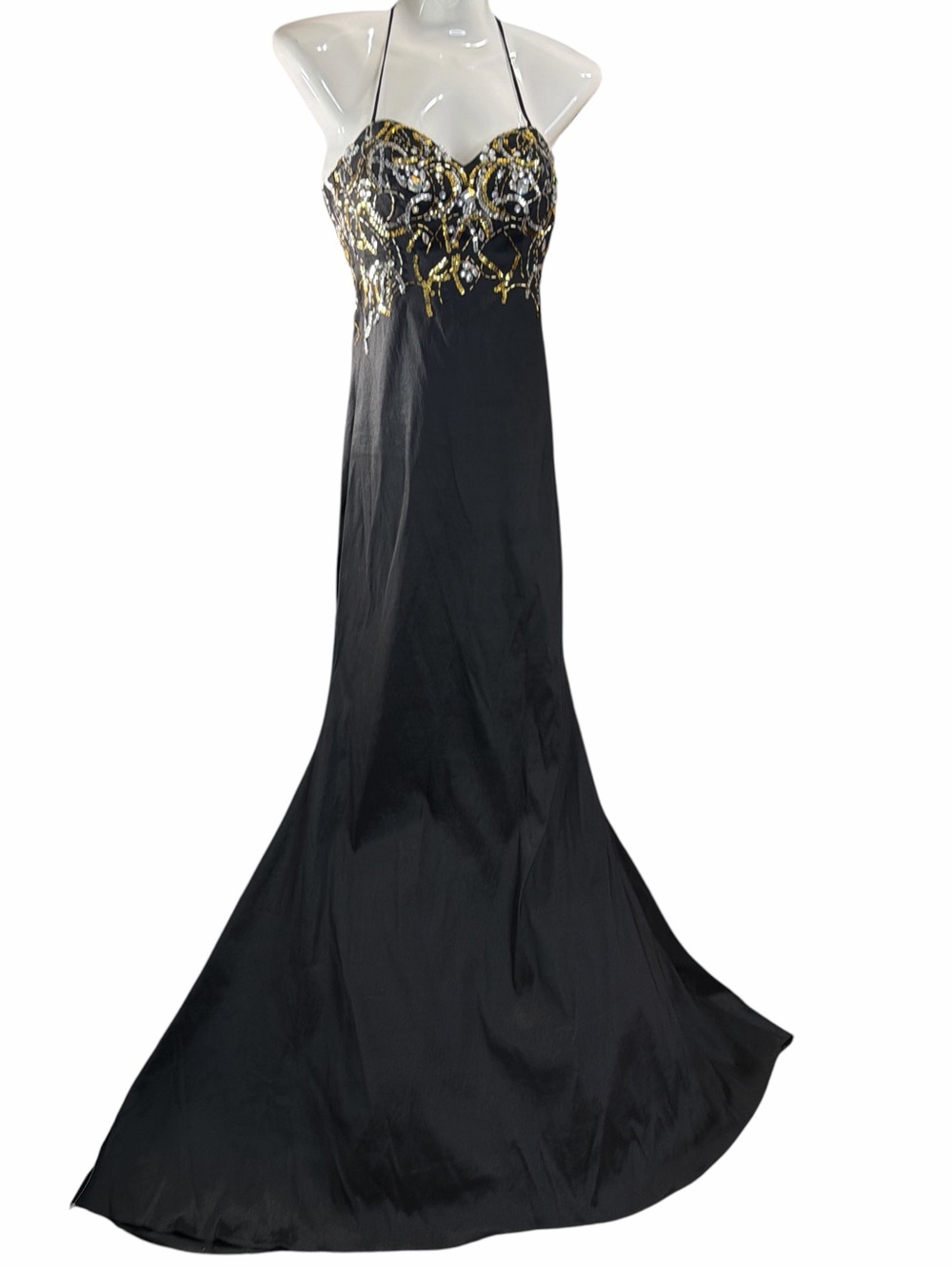 Jump Black Halter Evening Gown with Gold & Silver Embellished Bodice EC Size 1/2